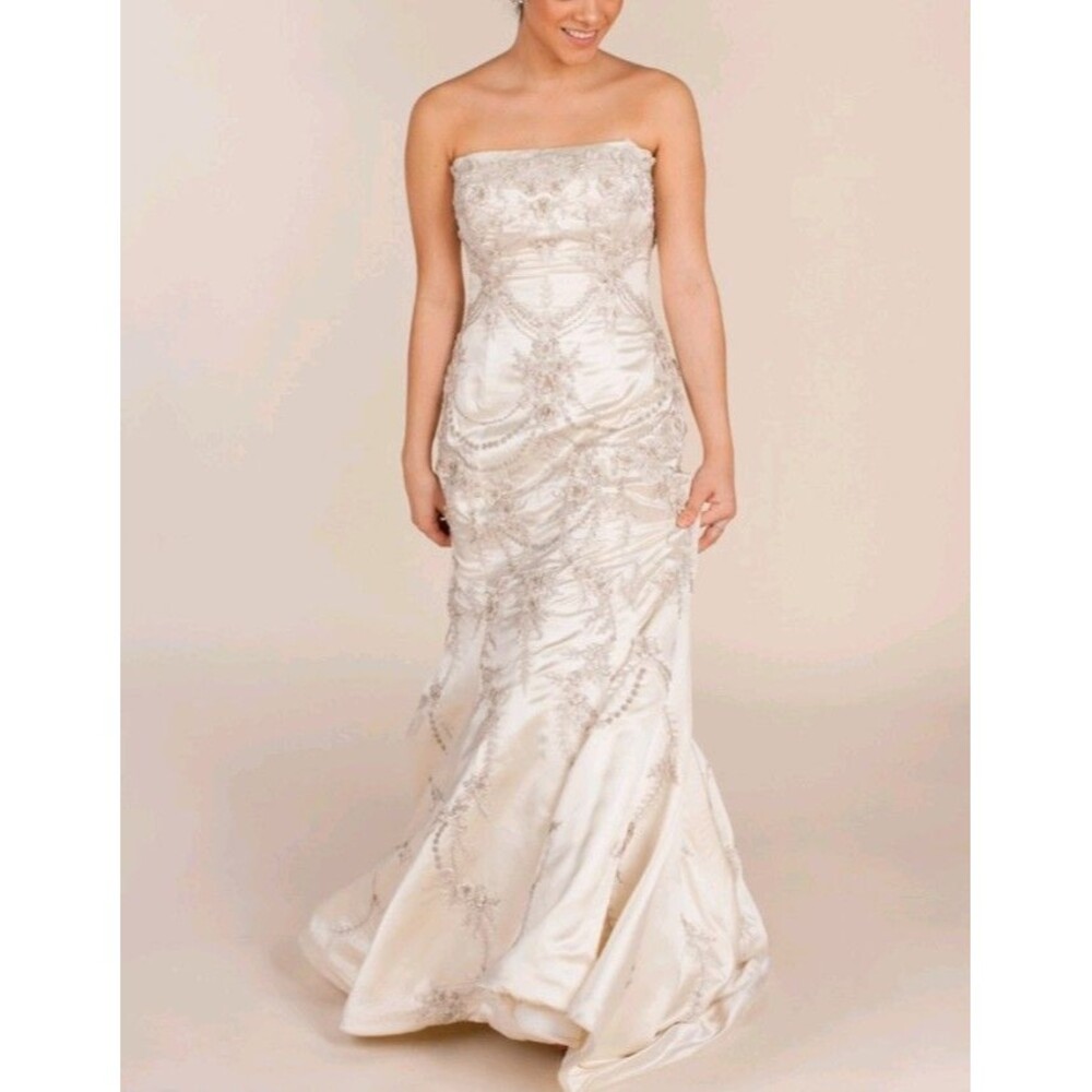 Vintage Couture Lazaro 3617 Ivory Silk Sz 10 Mermaid Beaded Wedding Dress